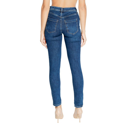 Woman wearing Street One Blue Cotton Mom Jeans with flattering mom fit, showcasing back view to highlight style and comfort.