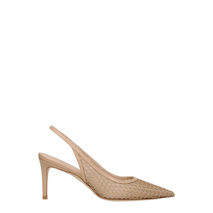 Stuart Weitzman Beige Leather High Heel Pumps featuring pointy toe and mid heel in natural color, perfect for stylish and elegant look.