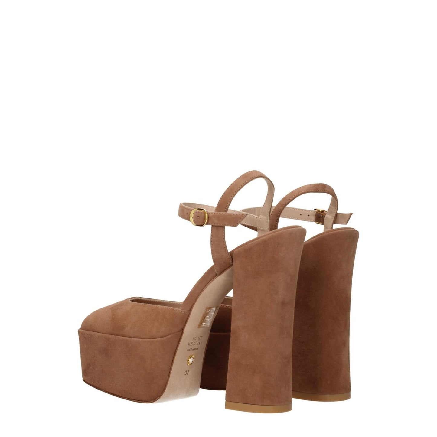 Stuart Weitzman Beige Leather Platform Sandals with buckle closure and high heel design, featuring a suede exterior and leather sole.