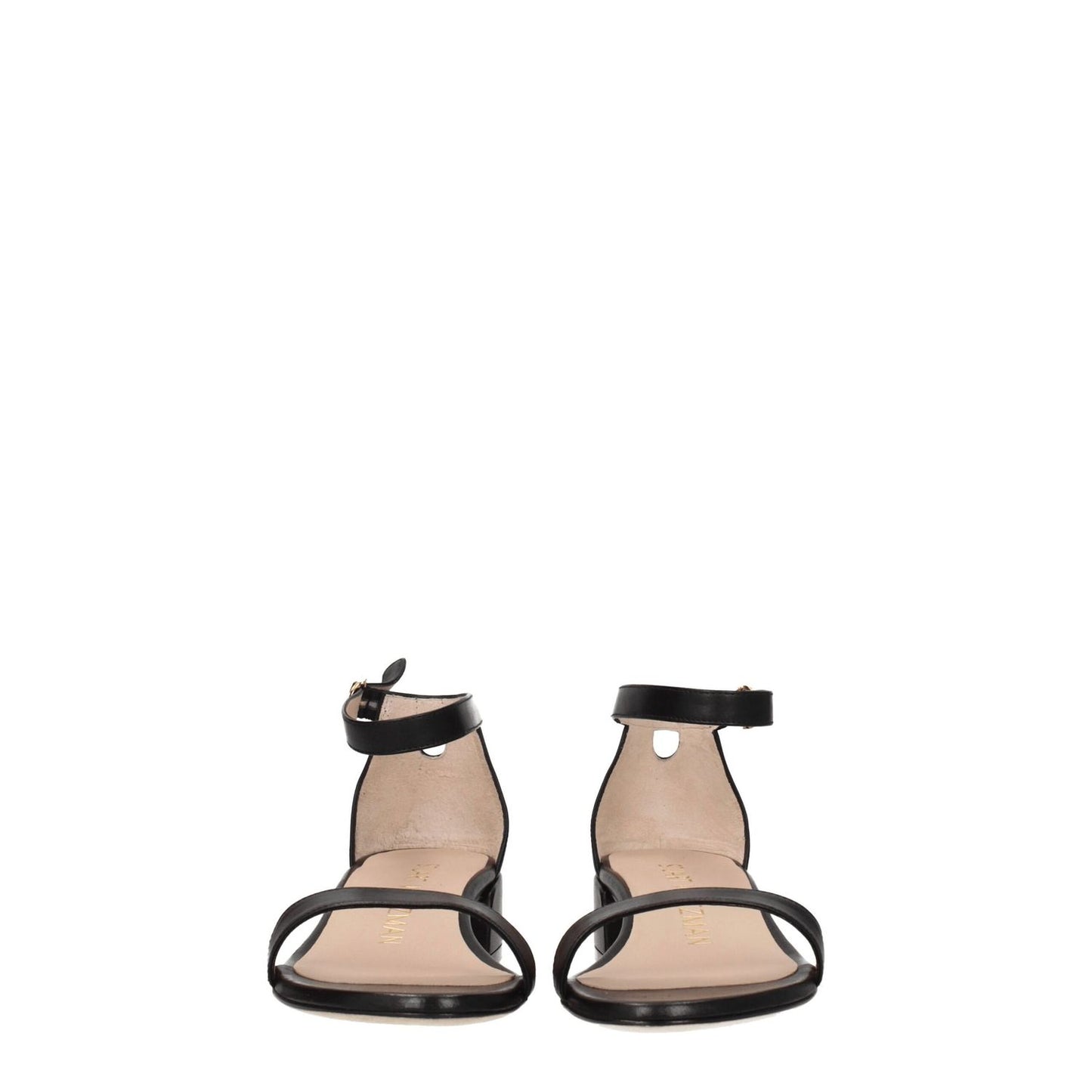 Front view of Stuart Weitzman Black Leather Flat Sandals with buckle closure and open toe design.