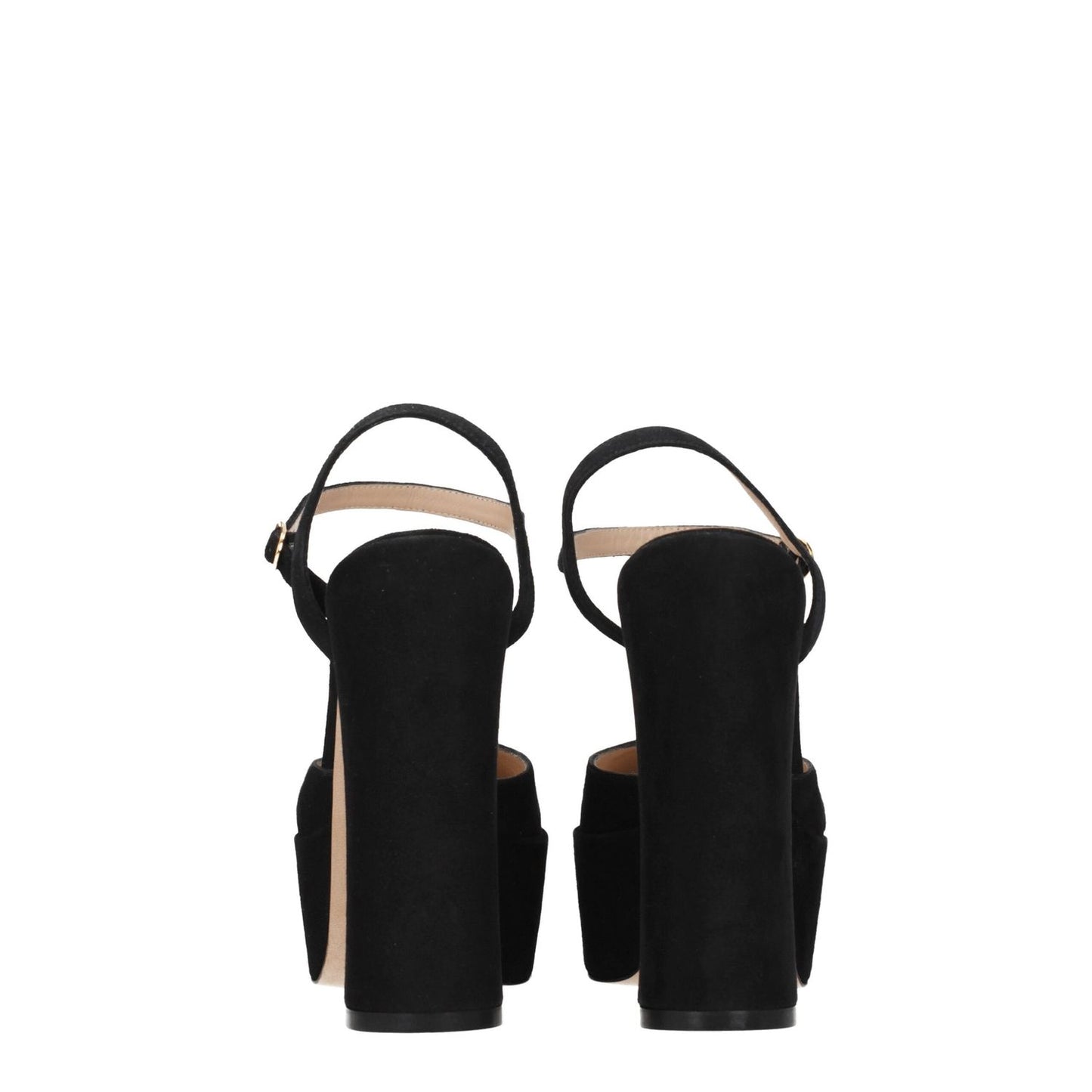 Stuart Weitzman Black Leather Platform Sandals with high heels, buckle closure, and leather sole, rear view