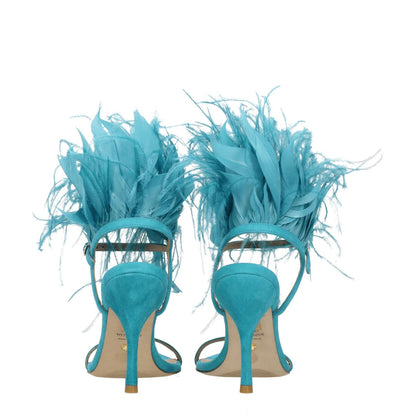 Stuart Weitzman Green Leather Stiletto Heel Sandals with feather detail and buckle closure, featuring open toe and high heel design.