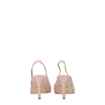 Back view of Stuart Weitzman Pink Leather Mid Heel Pumps with suede design and pointy toe.