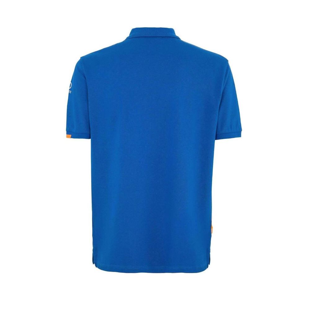 Back view of Suns Blue Cotton Polo Shirt with ribbed collar and logo on left sleeve.