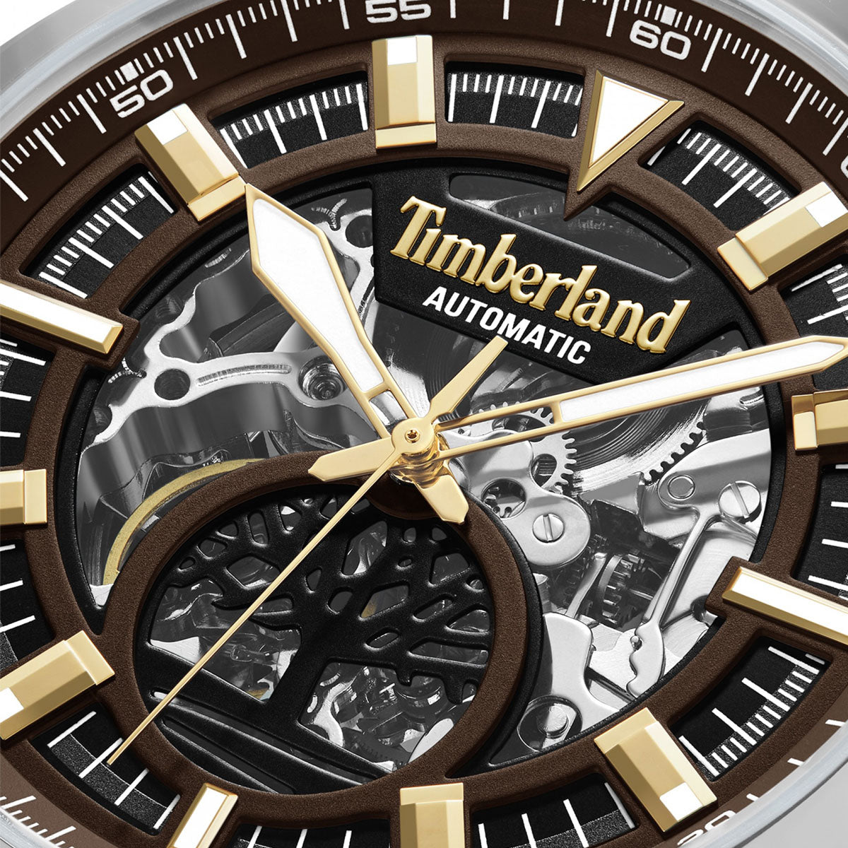 Close-up of TIMBERLAND WATCHES Mod. TDWGE0055203 with automatic movement and detailed inner workings.