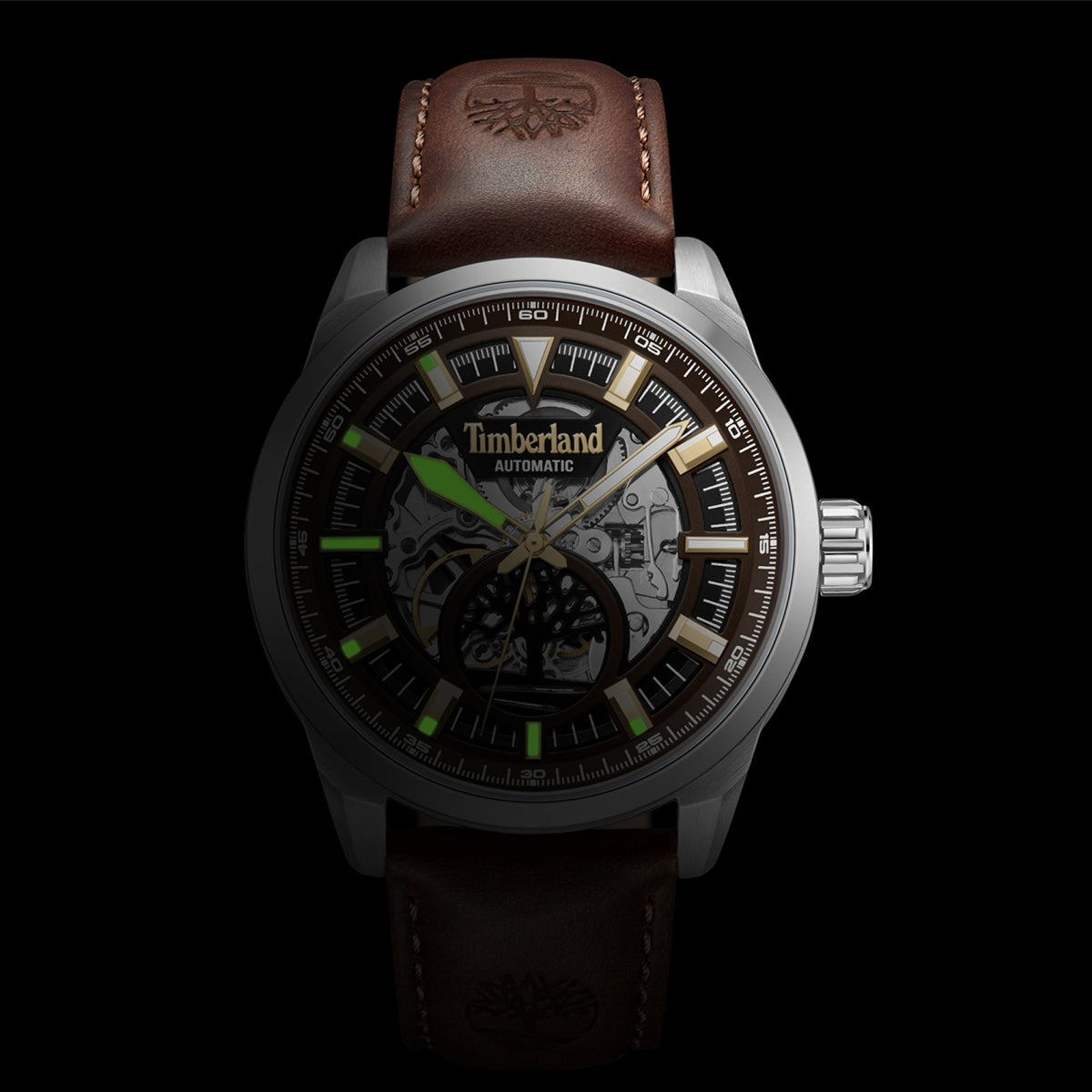 TIMBERLAND WATCHES Mod. TDWGE0055203 with brown strap and detailed dial design, showcasing mechanical elements.