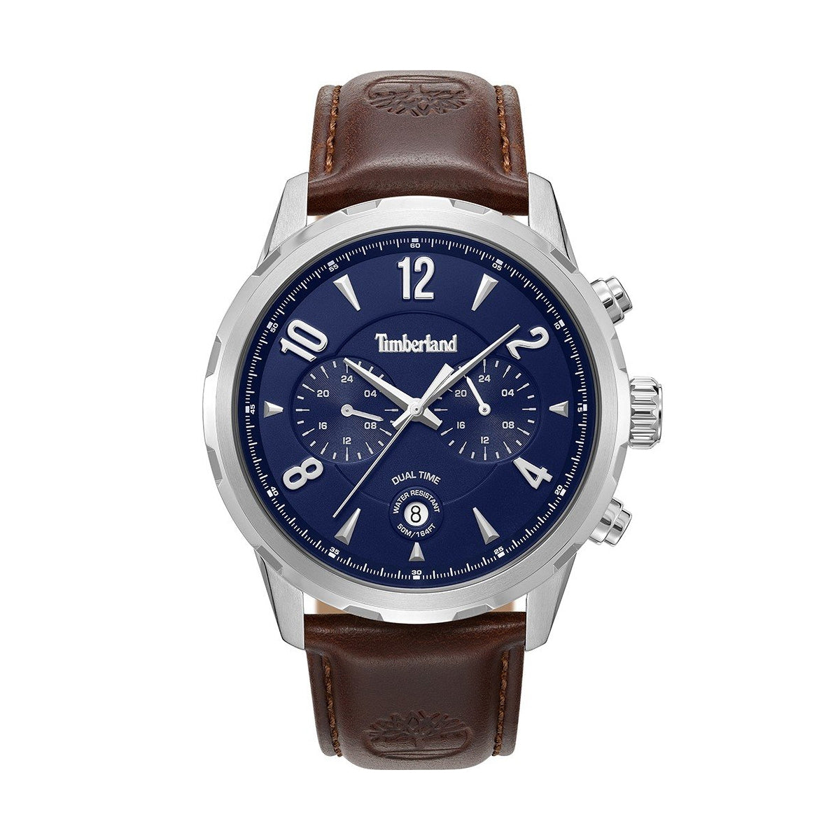 TIMBERLAND WATCHES Mod. TDWGF0082903 featuring a blue dial with brown leather strap and dual time display.