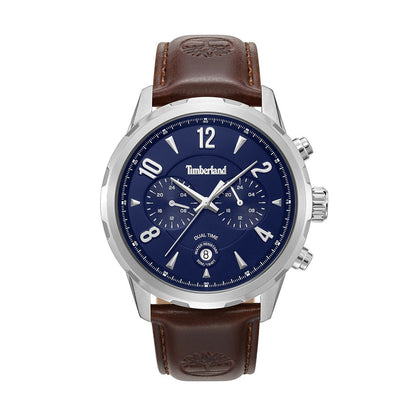 TIMBERLAND WATCHES Mod. TDWGF0082903 featuring a blue dial with brown leather strap and dual time display.