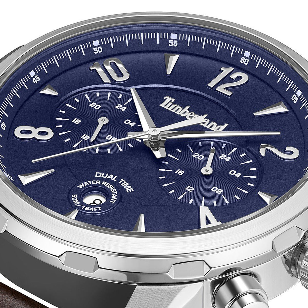 Close-up of TIMBERLAND WATCHES Mod. TDWGF0082903 with blue dial and dual time feature.