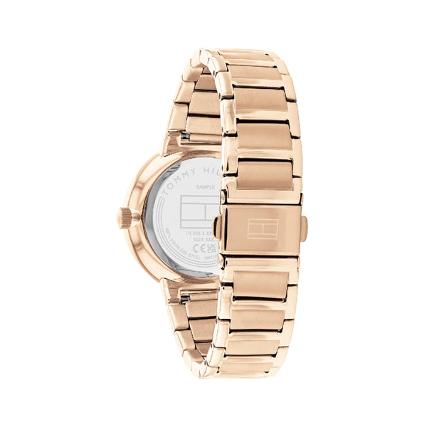 TOMMY HILFIGER Mod. 1782533 lady's quartz analog watch with mineral dial and 3 ATM water resistance, 36mm case, seen from back bracelet view.