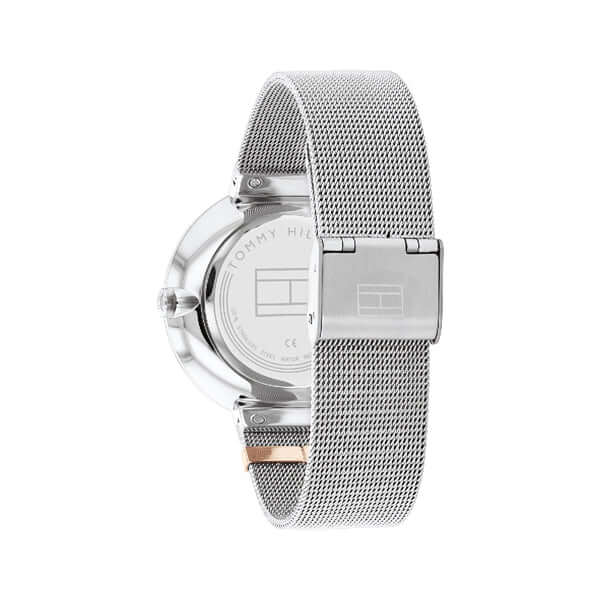 Back view of TOMMY HILFIGER Mod. 1782537 ladies quartz analog watch with 40mm case and mesh bracelet