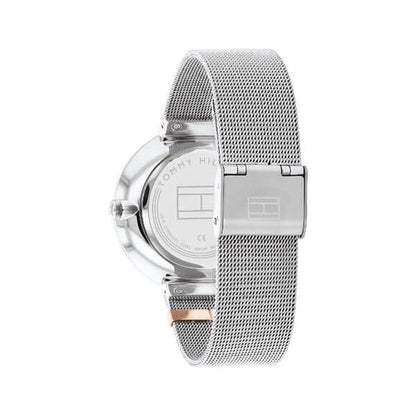 Back view of TOMMY HILFIGER Mod. 1782537 ladies quartz analog watch with 40mm case and mesh bracelet
