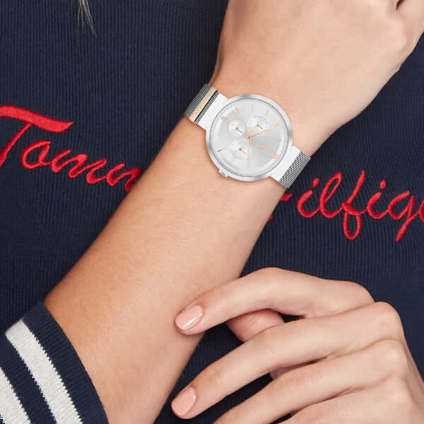 Lady wearing TOMMY HILFIGER Mod. 1782537 watch with quartz analog movement and mineral dial case on wrist
