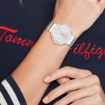 Lady wearing TOMMY HILFIGER Mod. 1782537 watch with quartz analog movement and mineral dial case on wrist