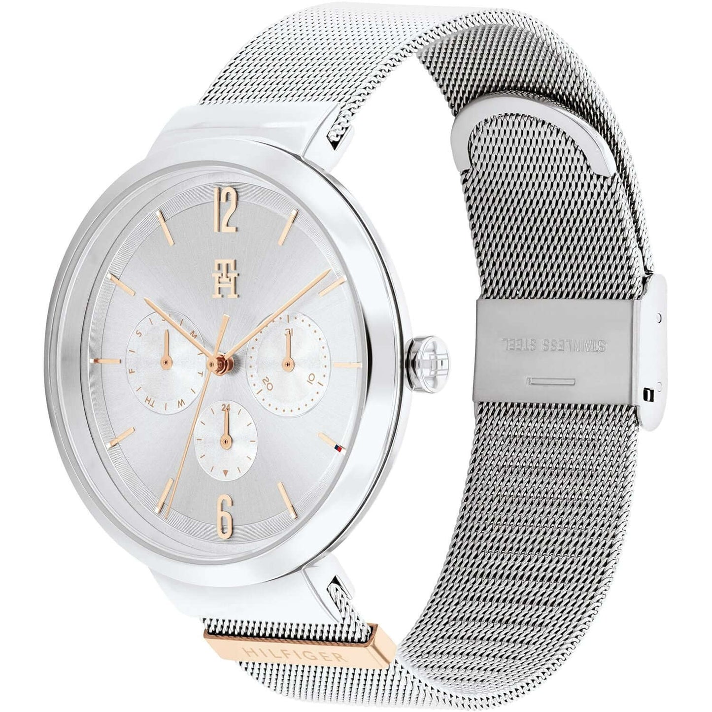 TOMMY HILFIGER Mod. 1782537 ladies quartz analog watch with 3 ATM water resistance, mineral dial, 40mm case, and bracelet packaging.