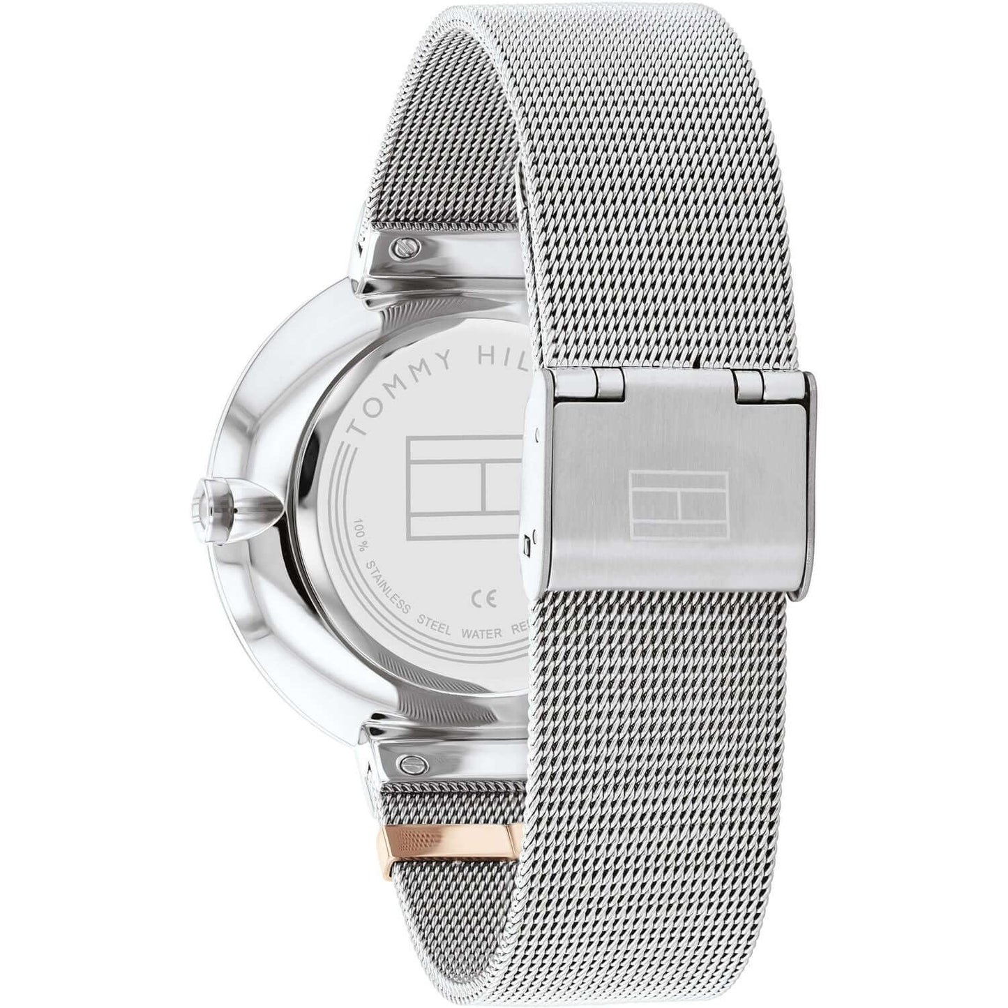 Back view of TOMMY HILFIGER Mod. 1782537 lady's watch with quartz movement and stainless steel mesh bracelet.