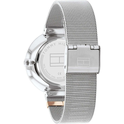 Back view of TOMMY HILFIGER Mod. 1782537 lady's watch with quartz movement and stainless steel mesh bracelet.