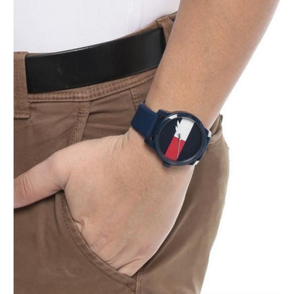 TOMMY HILFIGER Mod. 1791322 watch on wrist, quartz analog, 42mm case, official packaging, featuring multifunction dial, 3 ATM water resistance.