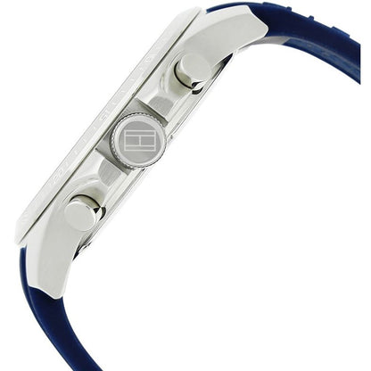 Side view of TOMMY HILFIGER Mod. 1791349 gent's quartz watch, blue strap, 48mm case, mineral dial, water resistant 5 ATM.