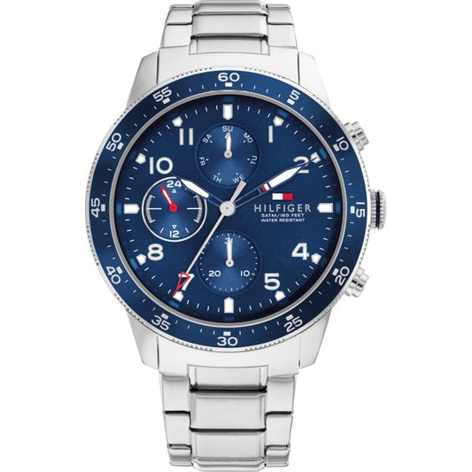 TOMMY HILFIGER Mod. 1791949 men's quartz analog watch, blue dial, 44mm case, mineral material, 5 ATM water resistant, silver bracelet