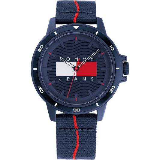 TOMMY HILFIGER Mod. 1791997 watch with navy strap, mineral dial, quartz movement, multifunction features, and official packaging.
