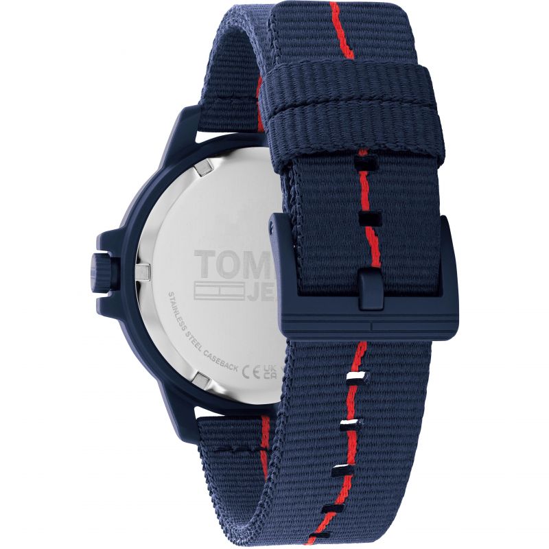 Back view of TOMMY HILFIGER Mod. 1791997 watch with blue strap and logo engraving, showing durable mineral case.