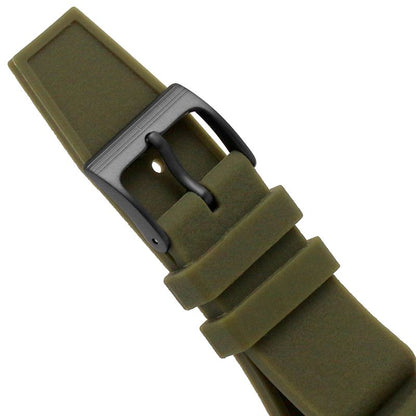 Olive green silicone watch strap with black buckle, suitable for various watch models.