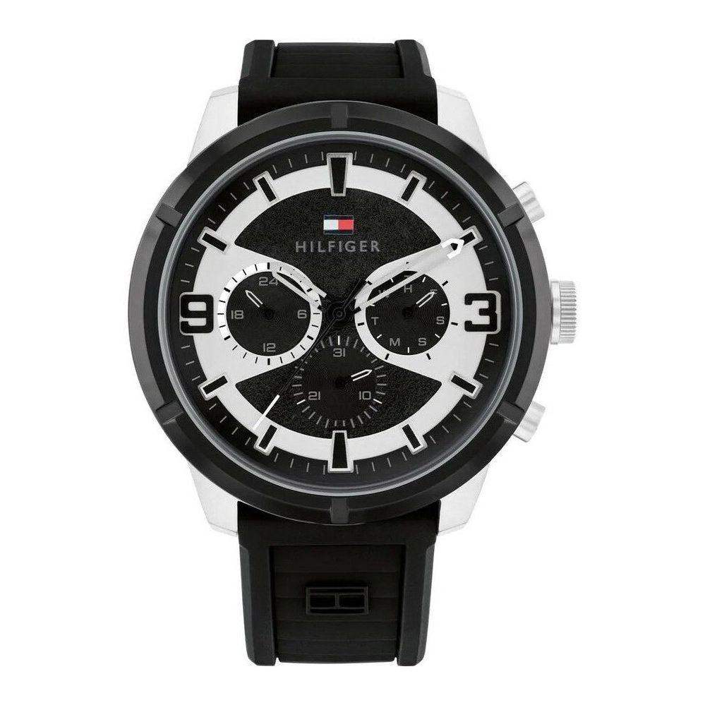 TOMMY HILFIGER Mod. 1792074 gent's quartz analog watch, water resistant, 45mm case, mineral dial, black bracelet, official box.