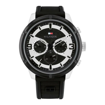 TOMMY HILFIGER Mod. 1792074 gent's quartz analog watch, water resistant, 45mm case, mineral dial, black bracelet, official box.