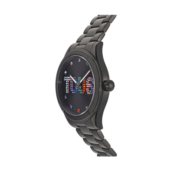 Side view of TOUS WATCHES Mod. 200351113 with a black metal strap and colorful dial design.