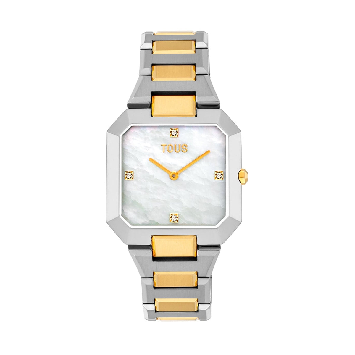TOUS WATCHES Mod. 3000145000 with gold and silver links and mother-of-pearl face displayed on white background.