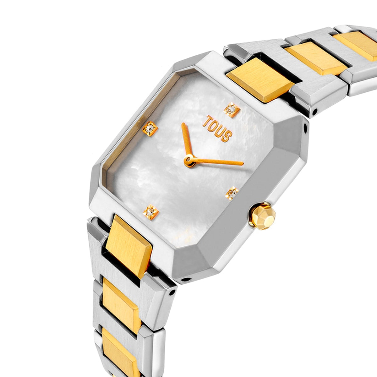 TOUS WATCHES Mod. 3000145000, elegant two-tone watch with gold and silver links, featuring a distinctive hexagonal face and crystal accents.
