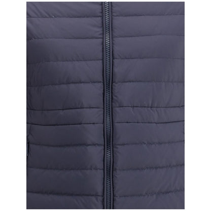 Tatras Blue Nylon Full-Length Jacket with quilted design and front zipper, ideal for cold seasons. Features adjustable hood and zippered pockets.