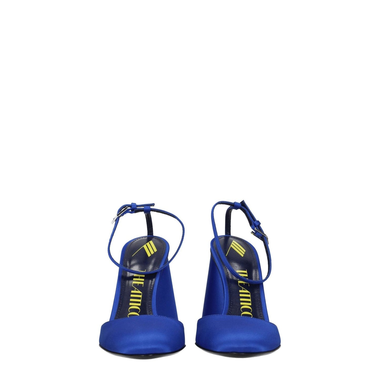 The Attico Blue Satin Platform Sandals with buckle closure and high heel, casual style, round toe front view.