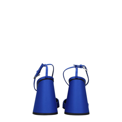 The Attico Blue Satin Platform Sandals with high heels and buckle closure, featuring a round toe and leather sole view from the back.