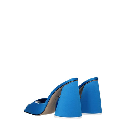 The Attico Light Blue Satin Platform Sandals with open toe and high heel, showing back view on white background.