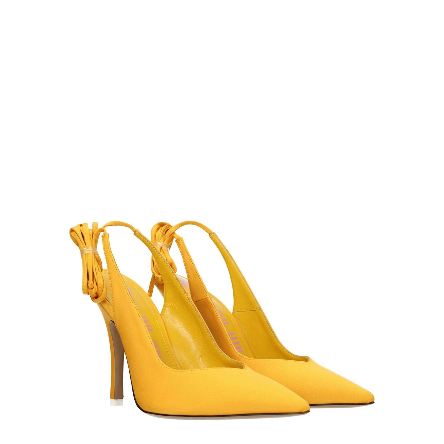 Alt Tag: The Attico Orange Satin High Heel Pumps with pointy toe and self-tie closures, featuring a pumpkin-colored 10.5 cm leather sole heel.