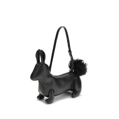 Thom Browne Black Calf Leather Bos Taurus Shoulder Bag in rabbit shape with fur tail and brass zipper, featuring striped interior lining.
