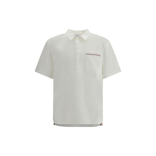 Thom Browne White Cotton Polo Shirt with patch pocket and embroidery, classic collar, and mid-bust button closure.