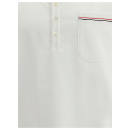 Thom Browne White Cotton Polo Shirt with collar, button closure, and embroidered patch pocket.