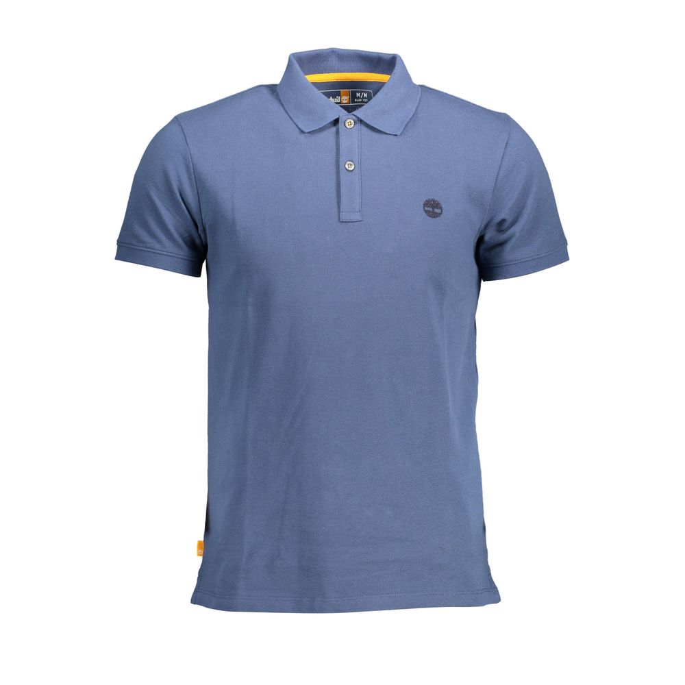 Timberland Blue Cotton Men Polo Shirt with logo embroidery, short sleeves, and slim fit for stylish comfort.