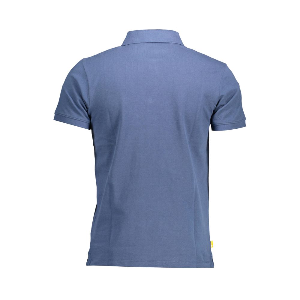 Back view of Timberland Blue Cotton Men Polo Shirt, slim fit, short sleeves, with iconic logo embroidery for smart-casual style.