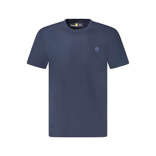 Timberland Blue Cotton T-Shirt featuring short sleeves, slim fit, crew neck, and embroidered logo.