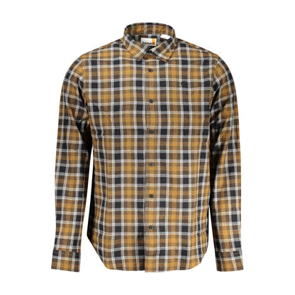Timberland Brown Cotton Shirt with tartan pattern, long sleeves, Italian collar, 1 button cuffs, embroidery and logo detail.