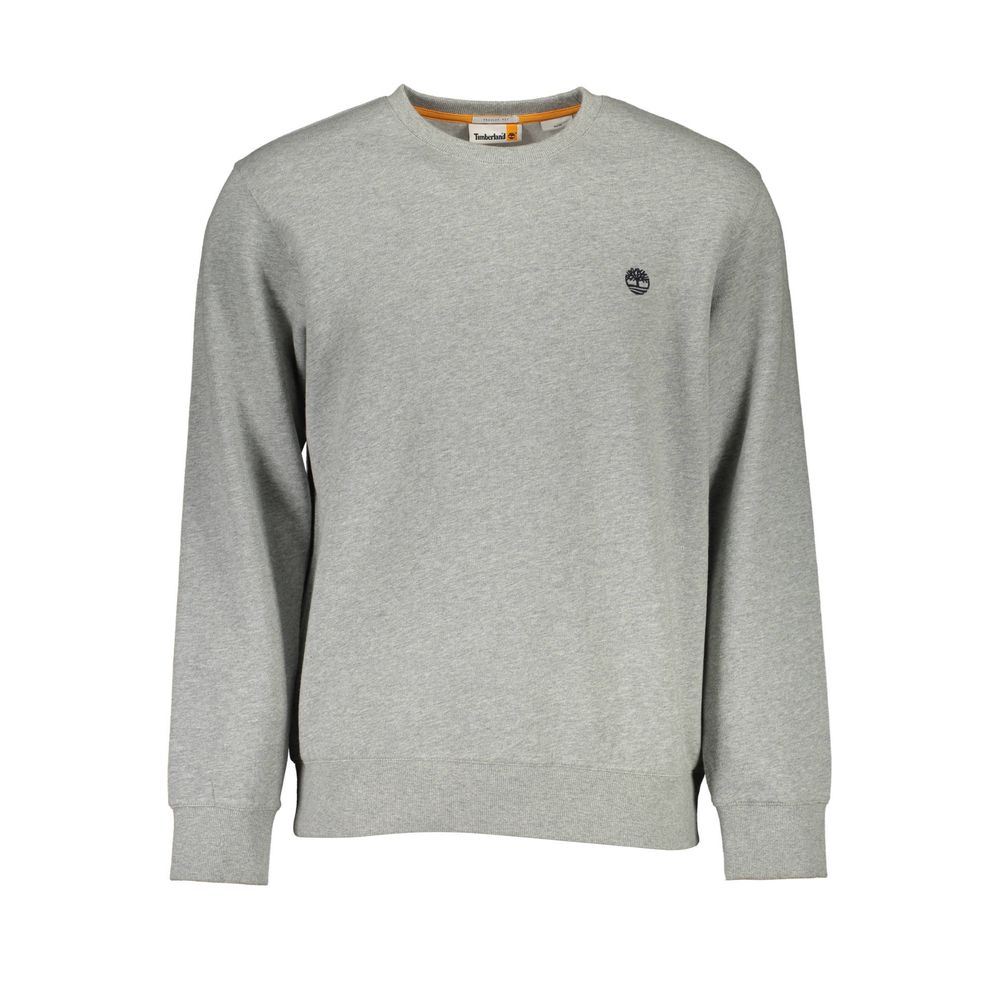 Timberland Gray Cotton Men Sweater with crew neck and embroidered logo, made from organic cotton for sustainable fashion.