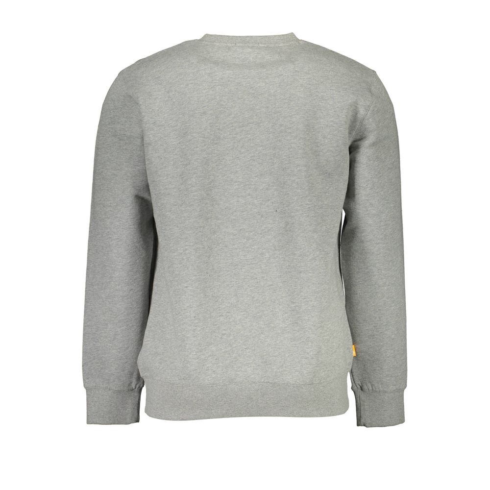 Back view of Timberland Gray Cotton Men Sweater, organic cotton, crew neck, iconic embroidery, sustainable fashion, versatile gray.