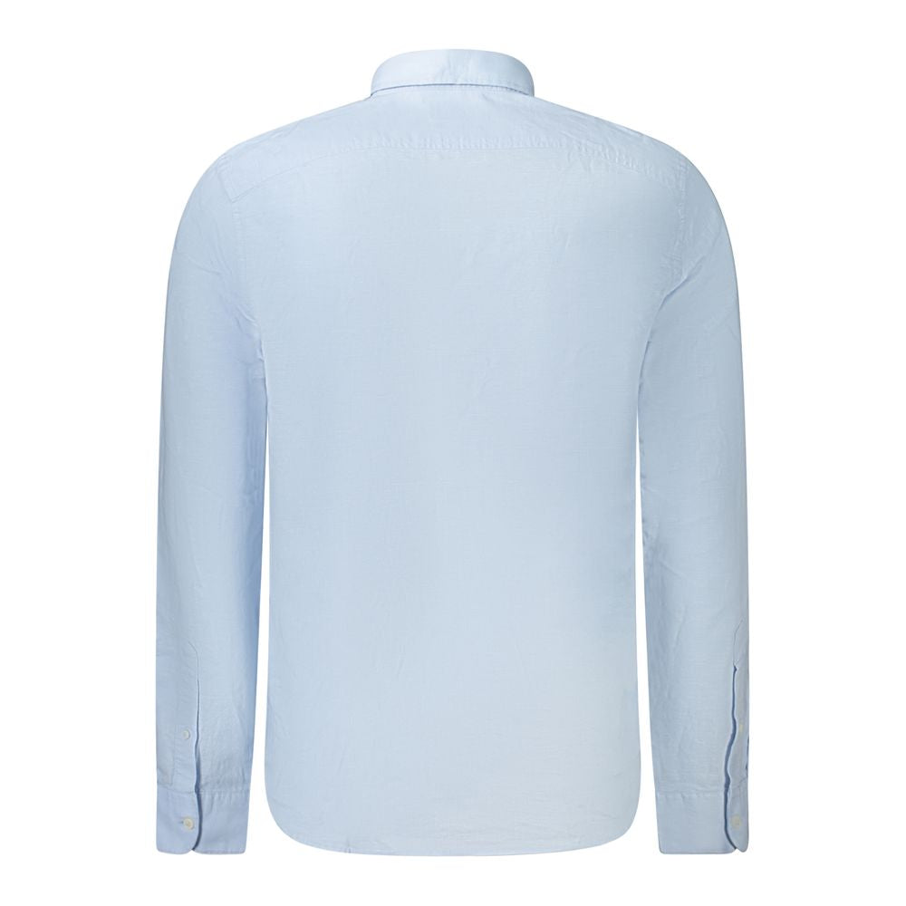 Back view of Timberland Light Blue Cotton Men Shirt showcasing slim-fit design with button-down collar and cuffs.