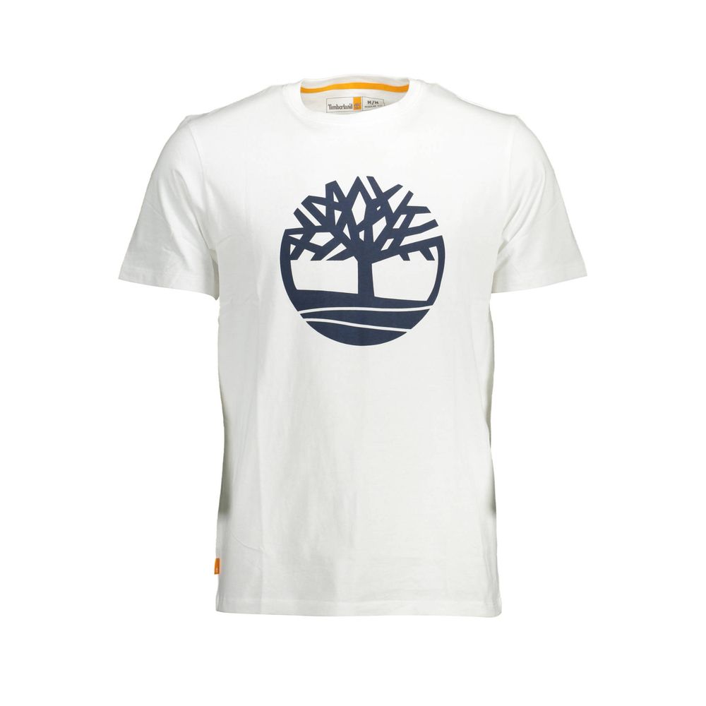 Timberland White Cotton Men T-Shirt with iconic logo print, 100% organic cotton, short sleeve crew neck.