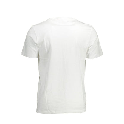 Back view of Timberland White Cotton Men T-Shirt, featuring organic cotton and iconic print for sustainable fashion.