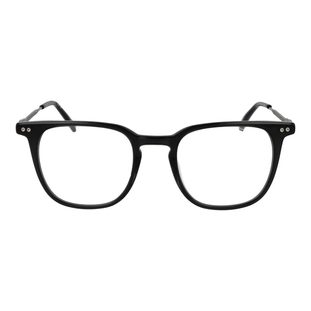 Tommy Hilfiger Black Acetate Glasses (Frames) for men with full-rim rectangle design and demo plastic lenses, size 50-21-145.